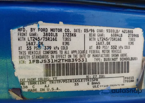 1996 Ford Econoline E350 Super Duty z USA, uszkodzony, nr VIN 1FBJS31H2THB39531